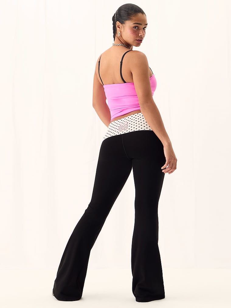 PINK All-Day Cotton™ Foldover Flare Leggings, Pure Black Polka Dots, onModelSide, 3 of 4