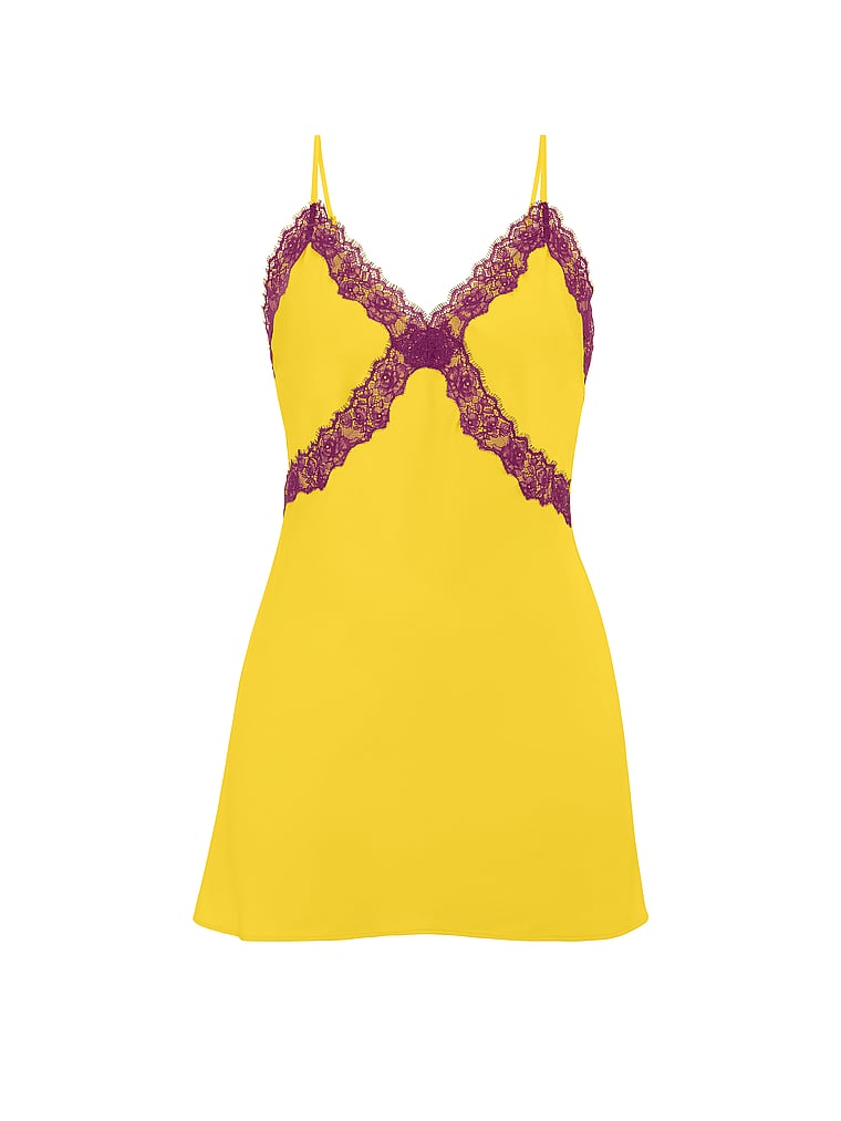 Victoria's Secret, Very Sexy Satin Rose Lace-Trim Mini Slip Dress, Star Fruit, offModelFront, 3 of 3