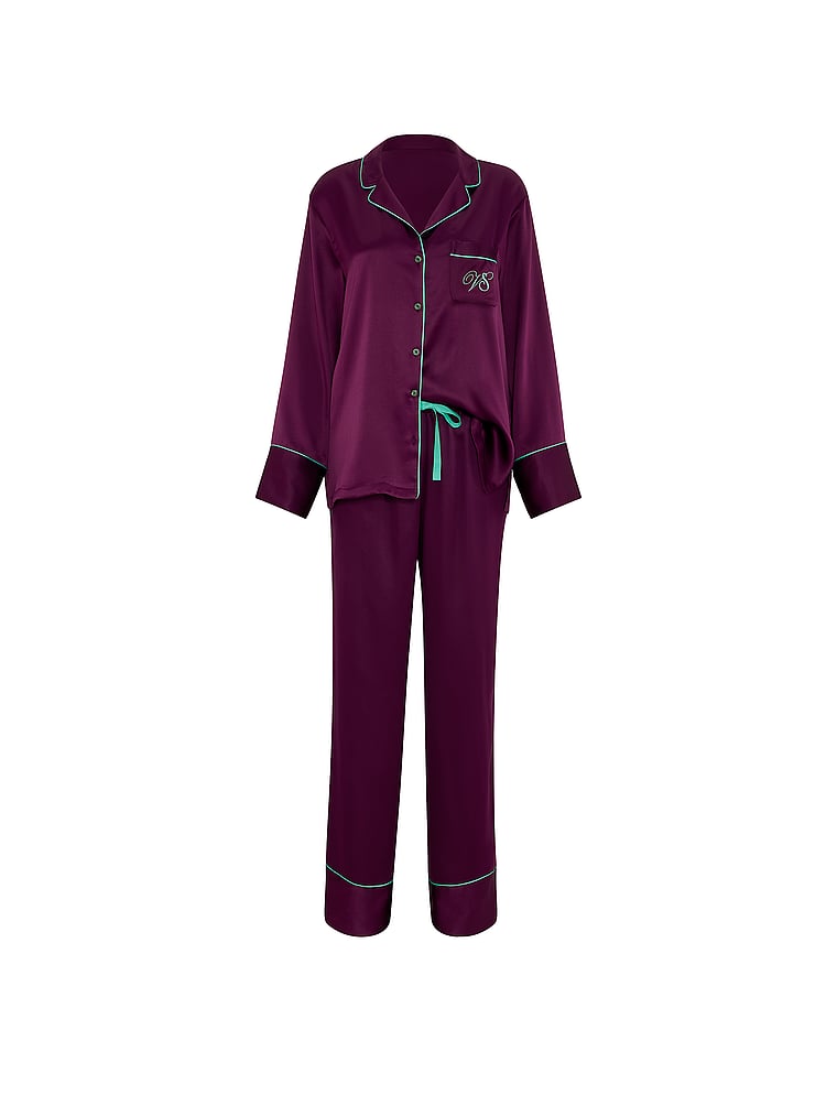 Victoria's Secret, Victoria's Secret Signature Satin Long Pajama Set, Party On Purple & Scuba Blue, offModelFront, 3 of 3