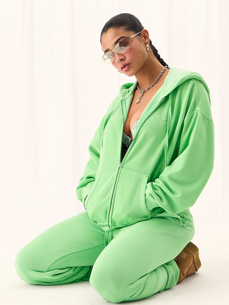 PINK Ivy Fleece Campus Full-Zip Hoodie, Graphic Green, onModelSide, 3 of 4