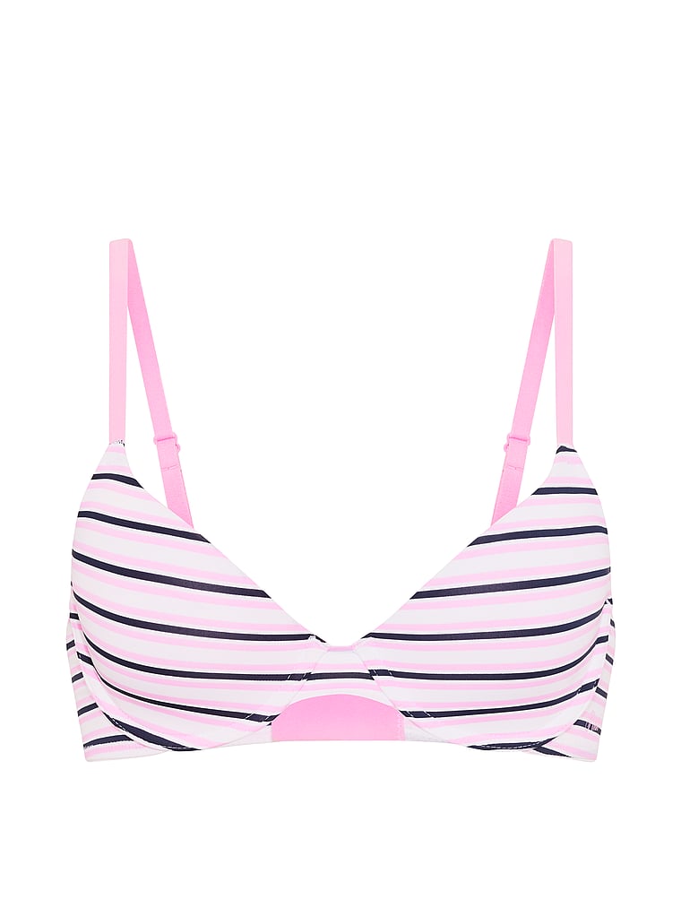 PINK Wear Everywhere™ Lightly Lined Full Coverage T-Shirt Bra, Pink Lollipop & Navy Stripe Print, offModelFront, 4 of 4