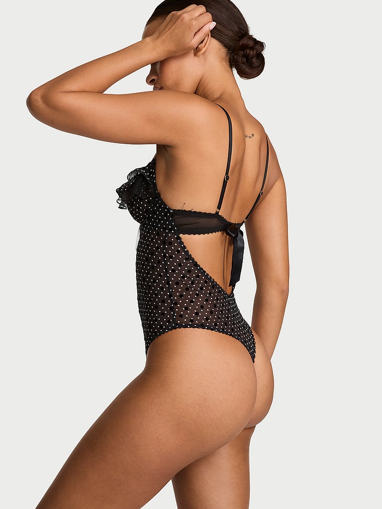 Victoria's Secret, Victoria's Secret Tease Lace Cupped Bodysuit, Black Dots, onModelSide, 3 of 5