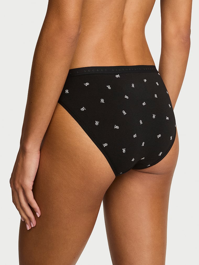 Victoria's Secret, Victoria's Secret Cotton Lace-Trim Bikini Panty, Black Tossed Logos, onModelBack, 2 of 3