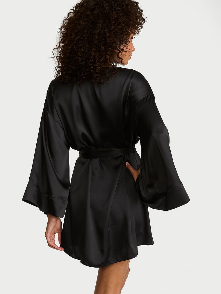 Victoria's Secret, Victoria's Secret Satin Short Robe, Black, onModelBack, 2 of 3