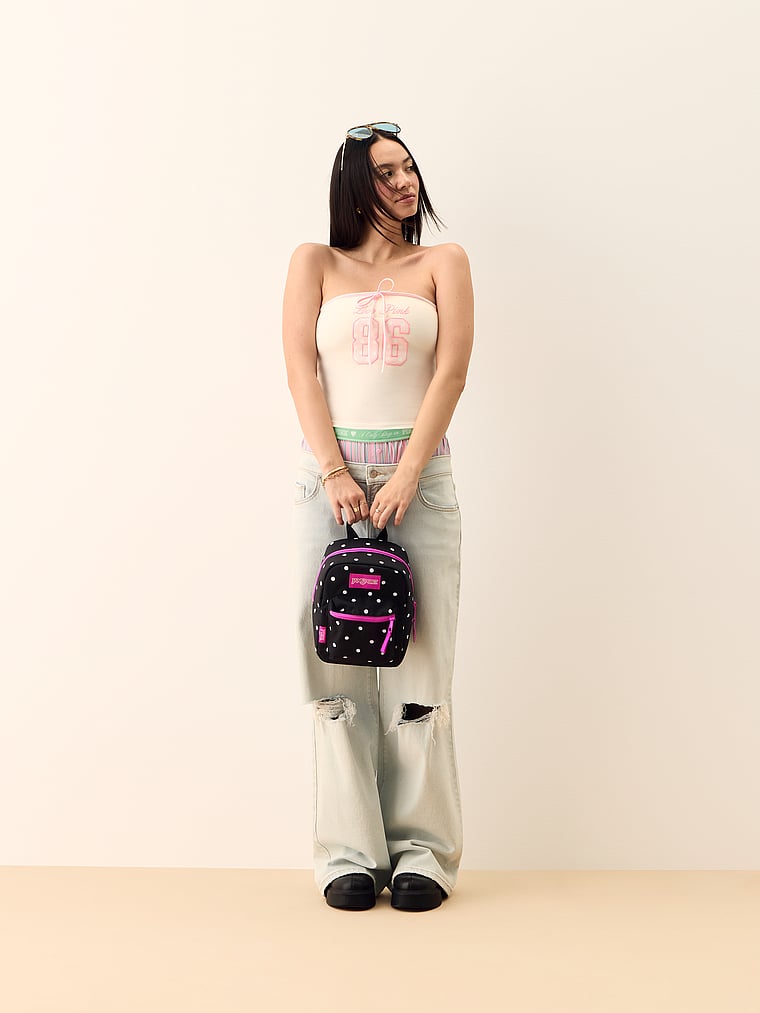 PINK x JanSport Big Break Lunch Bag, Black Dot, onModelSide, 3 of 4
