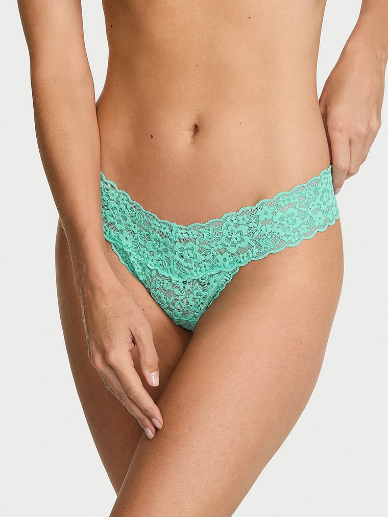 Victoria's Secret, The Lacie Lace Lace-Up Thong Panty, Scuba Blue, onModelFront, 1 of 3 Maggie is 5'7" or 170cm and wears Small