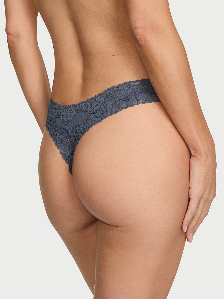 Victoria's Secret, Lace Trim Cotton Shadow Stripe Lace-Waist Thong Panty, Bluestream, onModelBack, 2 of 3 Maggie is 5'7" or 170cm and wears Small