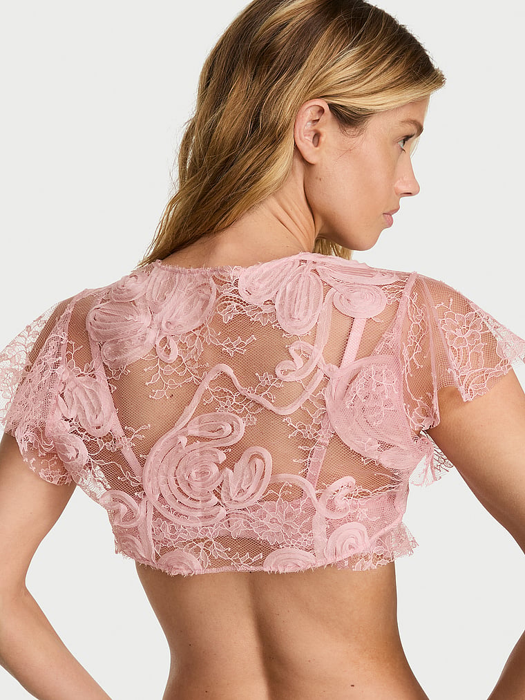 Victoria's Secret, Dream Angels Rosette Reverie Embroidery Bolero, Chalk Rose, onModelSide, 3 of 4