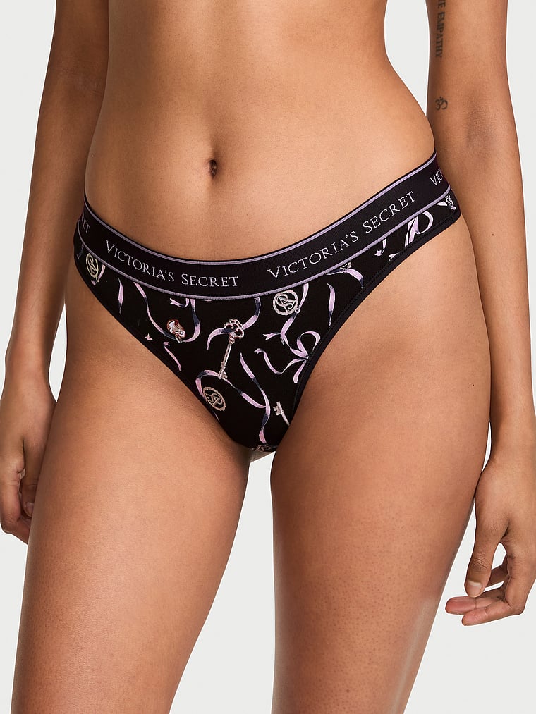 Victoria's Secret, Cotton Logo Cotton Heart Shine Patch Thong Panty, Black Key Ribbons, onModelFront, 1 of 3 Shaanti is 5'9" or 175cm and wears Small