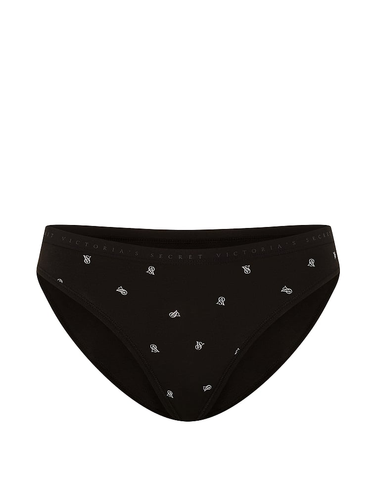 Victoria's Secret, Victoria's Secret Cotton Lace-Trim Bikini Panty, Black Tossed Logos, offModelFront, 3 of 3