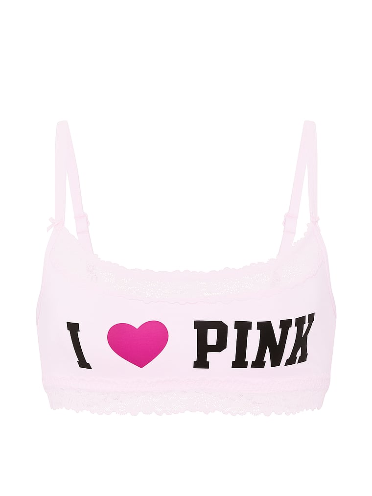PINK Cotton Unlined Lace-Trim Scoop Bralette, Wild Rose Heart & Dog Print, offModelFront, 3 of 3