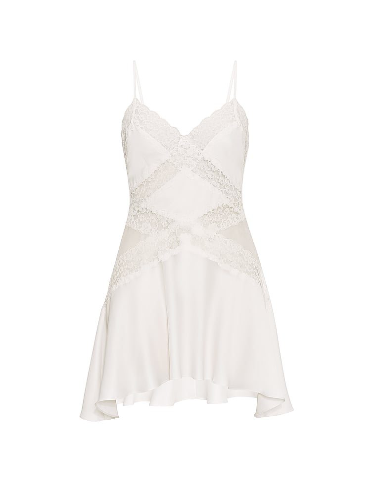 Victoria's Secret, Dream Angels Dare to Dream Lace & Satin Flounce Slip Dress, Coconut White, offModelFront, 3 of 3