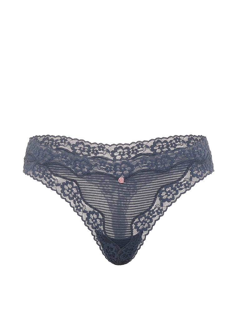 Victoria's Secret, Lace Trim Cotton Shadow Stripe Lace-Waist Thong Panty, Bluestream, offModelFront, 3 of 3