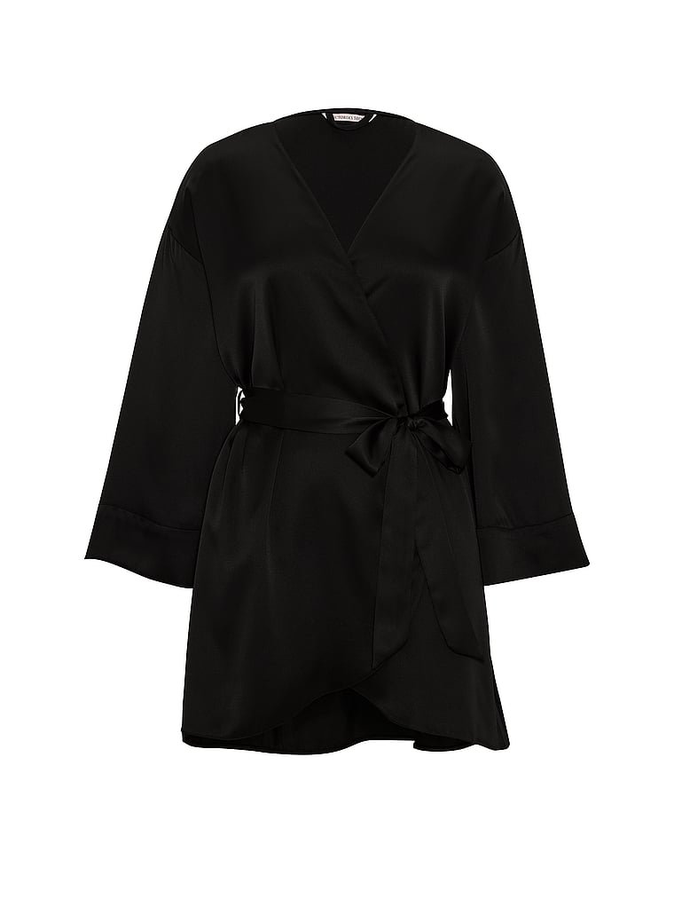 Victoria's Secret, Victoria's Secret Satin Short Robe, Black, offModelFront, 3 of 3