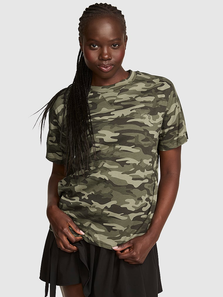 PINK Campus Cotton™ V-Stitch Crewneck Boxy Tee, onModelFront, 1 of 3