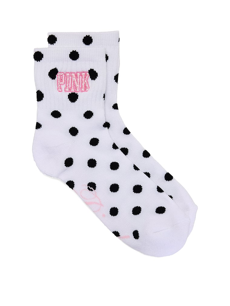 PINK 1-Pack Quarter Socks, White & Black Dot "PINK" Font, offModelFront, 1 of 2