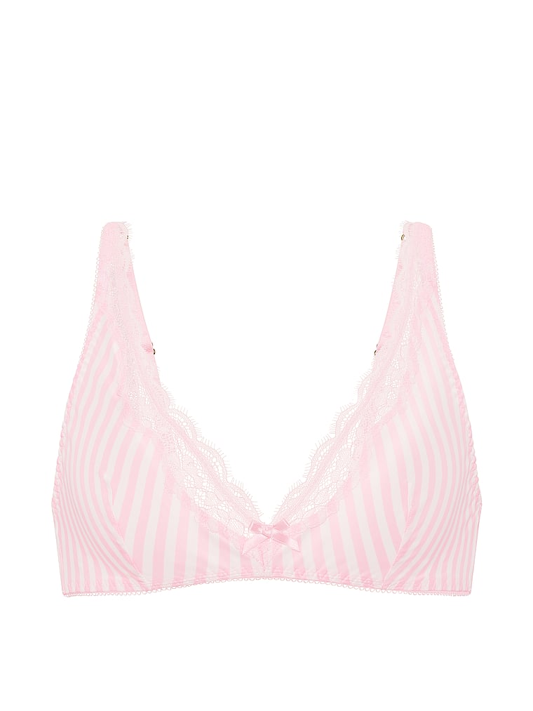 Victoria's Secret, Victoria's Secret Tease Satin Lace-Trim Wireless Plunge Bra, Pink Stripes, offModelFront, 4 of 4