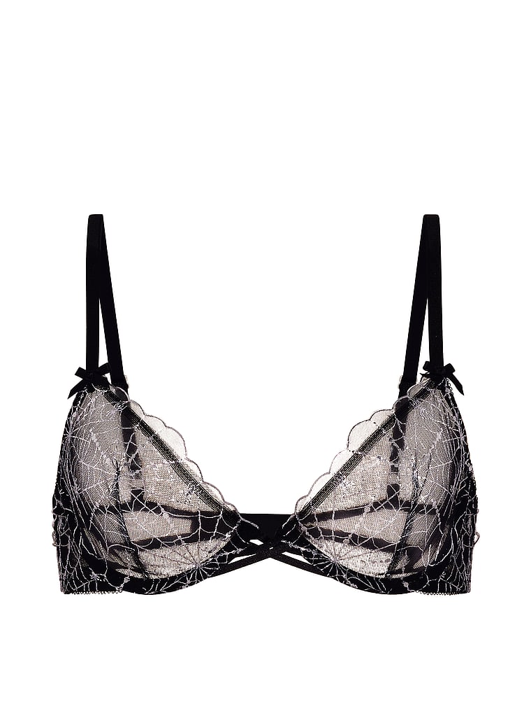 Victoria's Secret, Victoria's Secret Tease Spider Embroidery Unlined Demi Bra, Black Spiderweb, offModelFront, 4 of 5