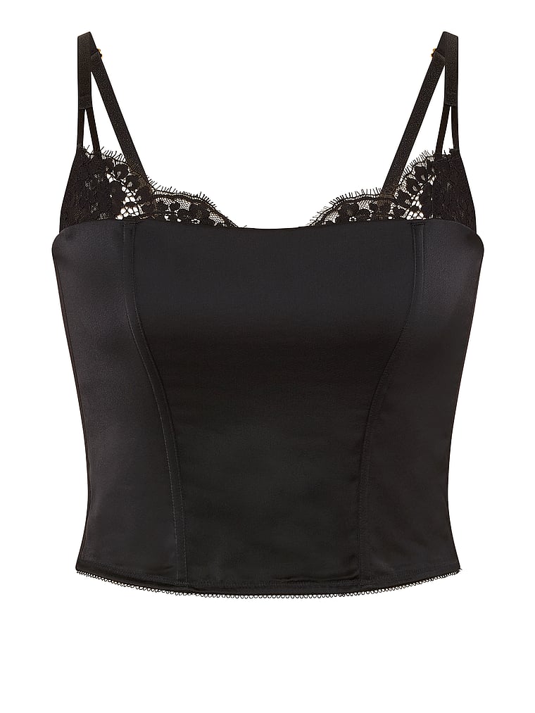 Victoria's Secret, Dream Angels Satin Lace-Trim Corset Top, Black, offModelFront, 3 of 3