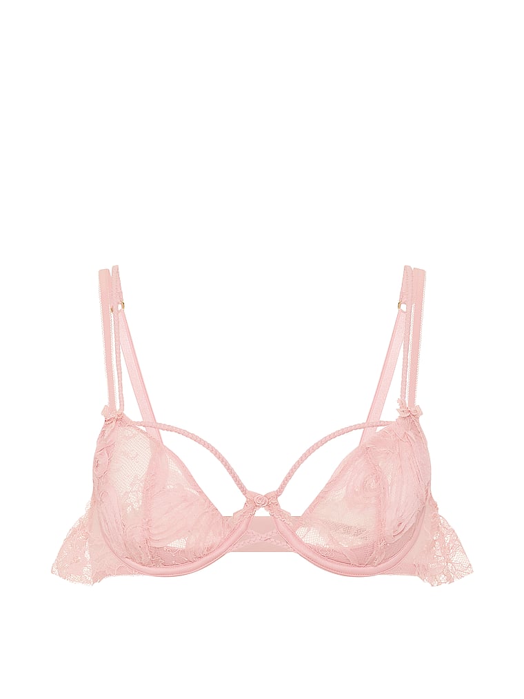 Victoria's Secret, Dream Angels Wicked Unlined Lace Balconette Bra, Chalk Rose, offModelFront, 4 of 5