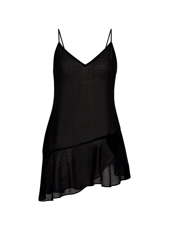 Victoria's Secret, Victoria's Secret Swim Beachwear Sheer Crinkle Asymmetric Mini Dress, Black, detail, 3 of 3