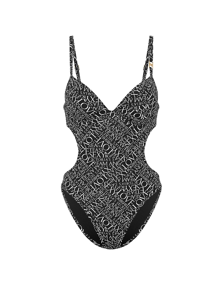 Victoria's Secret, Victoria's Secret Swim Very Sexy Push-Up Monokini One-Piece Swimsuit, Black & White Newspaper, offModelFront, 3 of 3
