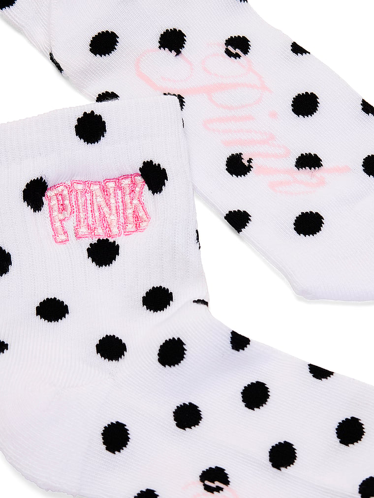 PINK 1-Pack Quarter Socks, White & Black Dot "PINK" Font, offModelBack, 2 of 2