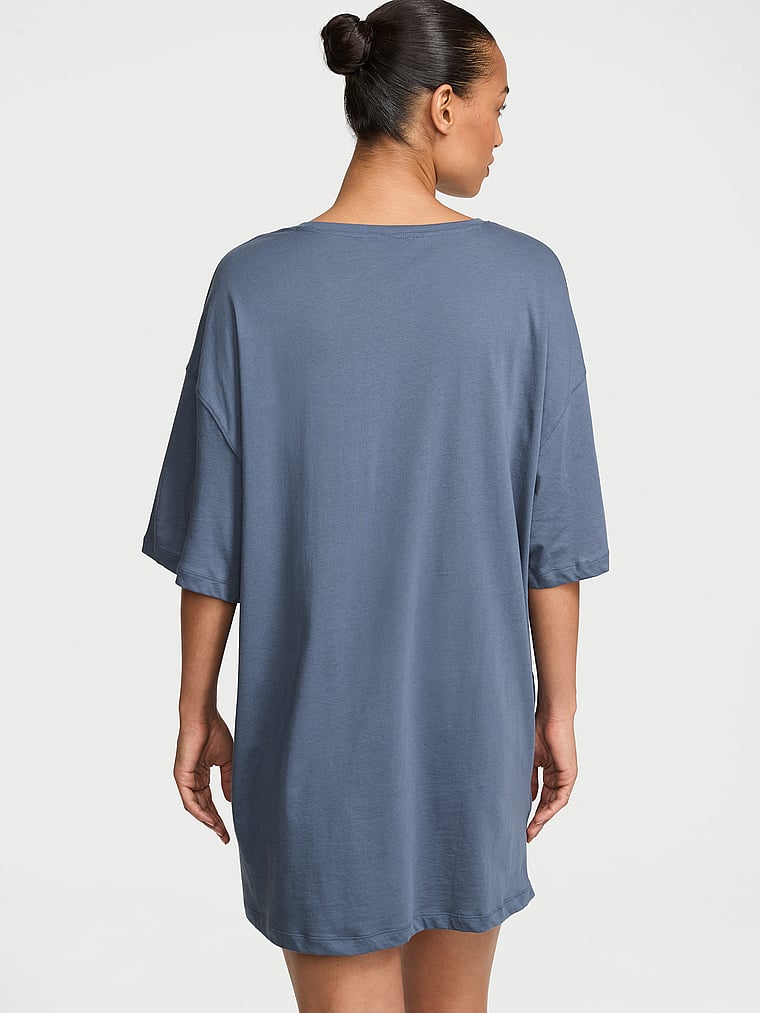 Victoria's Secret, Victoria's Secret 100% Cotton Oversized Sleep Tee, Bluestream, onModelBack, 2 of 3 Nikita  is 5'10" or 178cm and wears Small