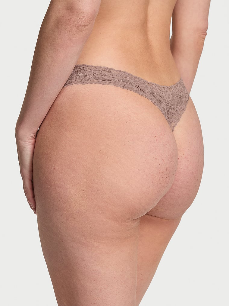Victoria's Secret, Lace Trim Cotton Lace-Waist Thong, Iced Coffee, onModelBack, 2 of 3