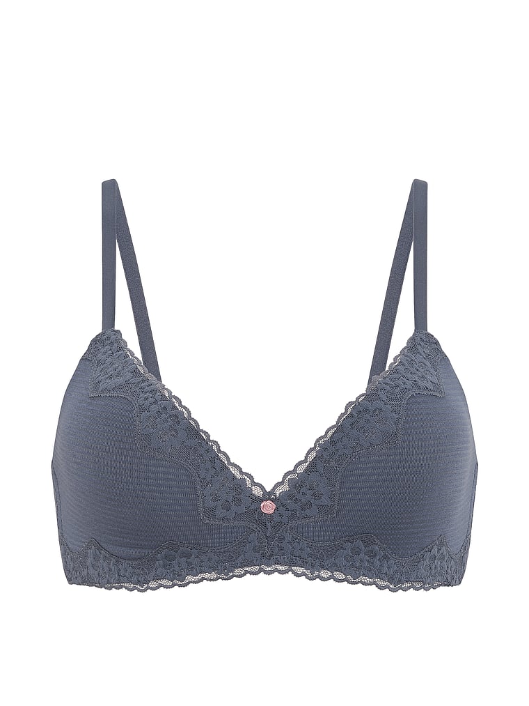 Victoria's Secret, The T-shirt Cotton Shadow Stripe Lace-Trim Lightly Lined Wireless Bra, Bluestream, offModelFront, 3 of 6