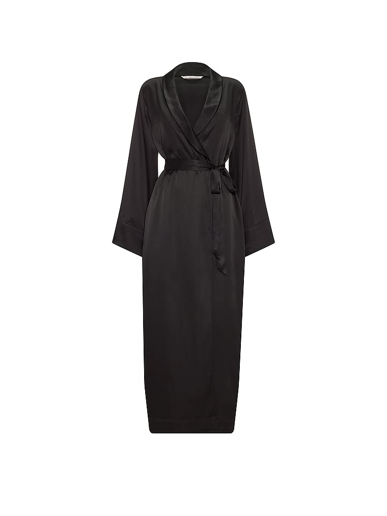 Victoria's Secret, Victoria's Secret Satin Long Robe, Black, offModelFront, 3 of 3