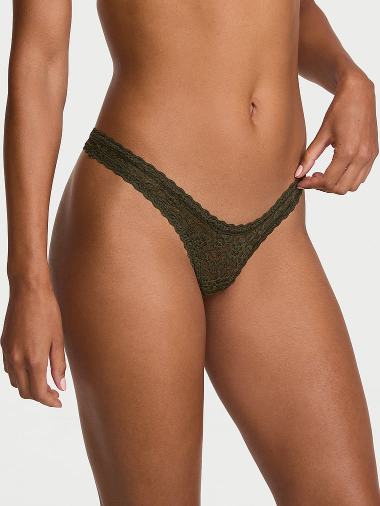 Victoria's Secret, The Lacie Lace Keyhole Ultra-Mini Scoop Thong Panty, Olive, onModelFront, 1 of 3