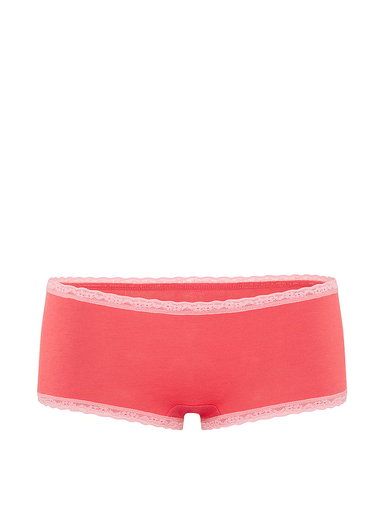 Victoria's Secret, Lace Trim Cotton Lace-Trim Boyshort Panty, Wild Watermelon, offModelFront, 3 of 3