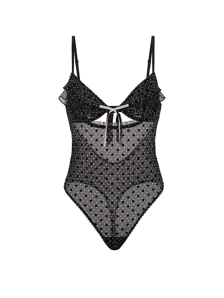 Victoria's Secret, Victoria's Secret Tease Lace Cupped Bodysuit, Black Dots, offModelFront, 4 of 5