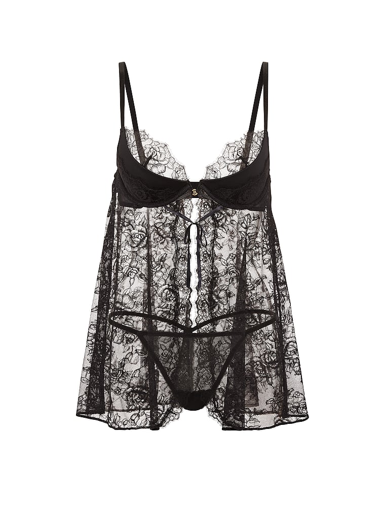 Victoria's Secret, Very Sexy Rose Lace Low-Cut Push-Up Babydoll Set, Black, offModelFront, 3 of 3