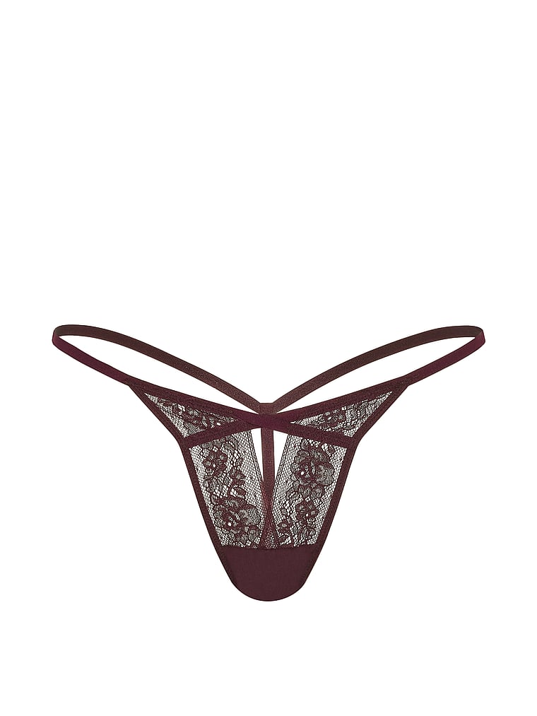 Victoria's Secret, Very Sexy Rose Lace Adjustable V-String Panty, Winter Wine, offModelFront, 3 of 3