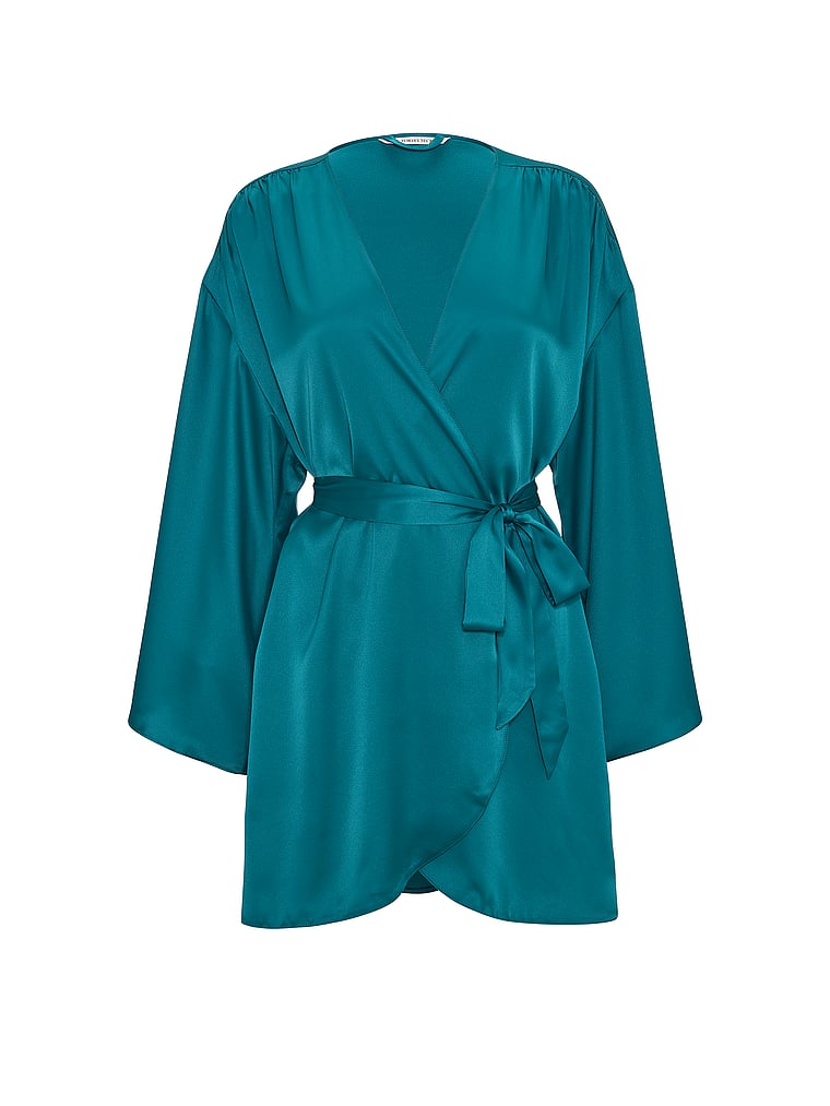 Victoria's Secret, Victoria's Secret Satin Short Robe, Aquarium Blue, offModelFront, 3 of 3