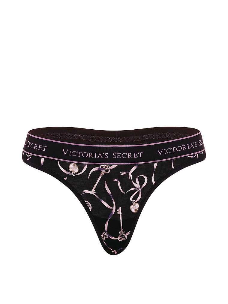 Victoria's Secret, Cotton Logo Cotton Heart Shine Patch Thong Panty, Black Key Ribbons, offModelFront, 3 of 3