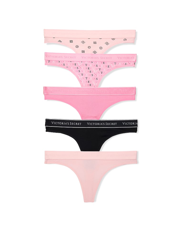 Victoria's Secret, Victoria's Secret 5-Pack Logo Cotton Thong Panties, Multi, offModelFront, 1 of 1
