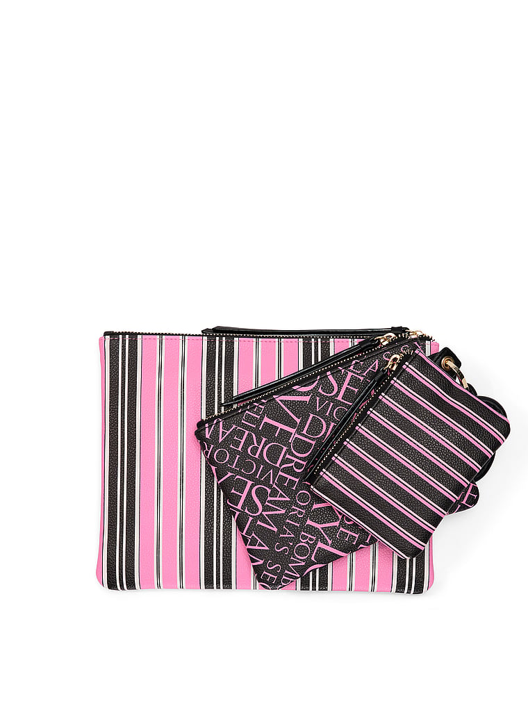 Victoria's Secret, Victoria's Secret Wristlet Travel Pouch Trio, Pink and Black Stripe, onModelFront, 1 of 4