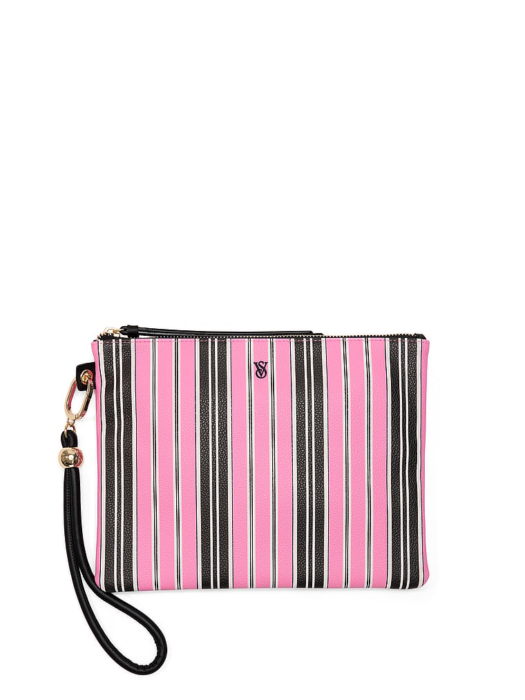 Victoria's Secret, Victoria's Secret Wristlet Travel Pouch Trio, Pink and Black Stripe, onModelSide, 3 of 4