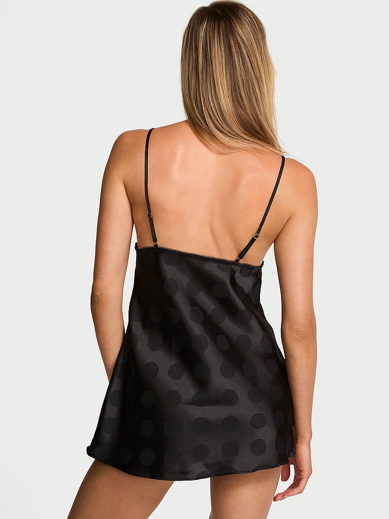 Victoria's Secret, Victoria's Secret Tease Dot Satin Lace-Trim Mini Slip Dress, Black, onModelBack, 2 of 4 Aga is 5'10" or 178cm and wears Small