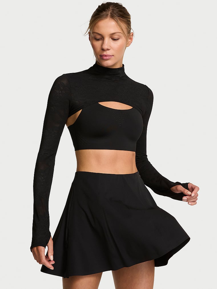 Victoria's Secret, VSX VSX Lace Mock-Neck Shrug, Black, onModelSide, 3 of 5