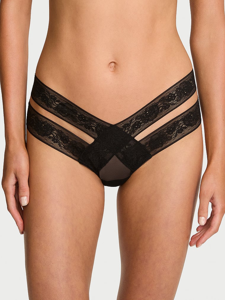 Victoria's Secret, Very Sexy Strappy-Back High-Leg Cheeky Panty, Black, onModelFront, 1 of 3 Aga is 5'10" or 178cm and wears Small