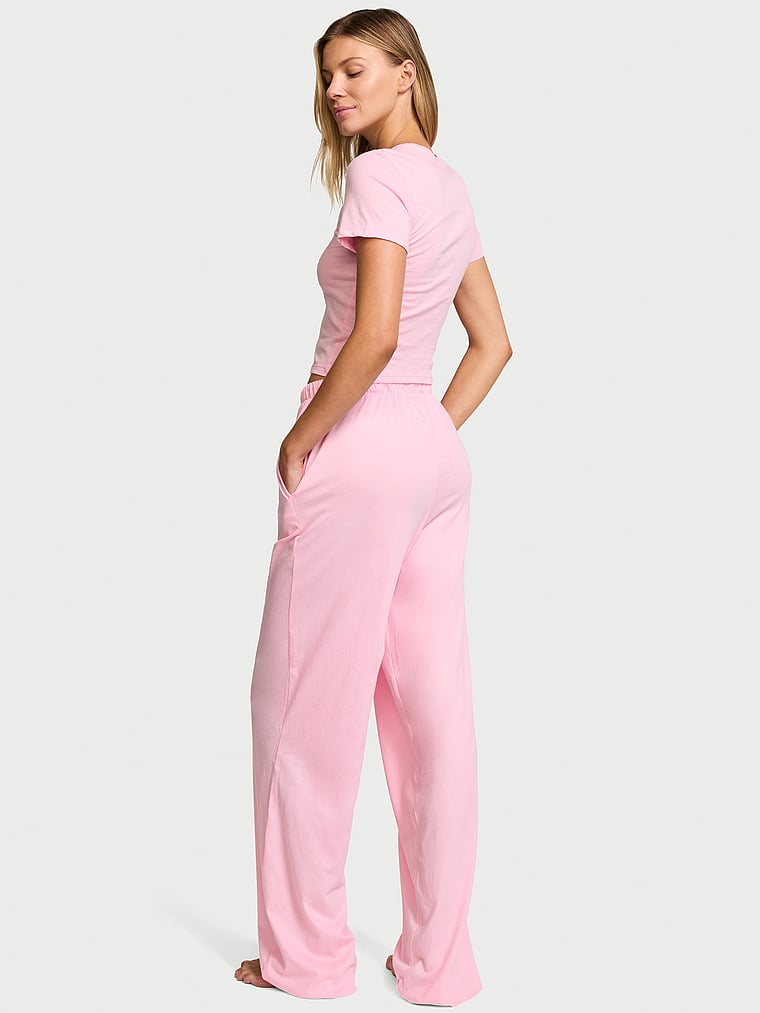 Victoria's Secret, Victoria's Secret 100% Cotton Tee Long Pajama Set, Victoria Pink, onModelSide, 2 of 4 Aga is 5'10" or 178cm and wears S/Regular