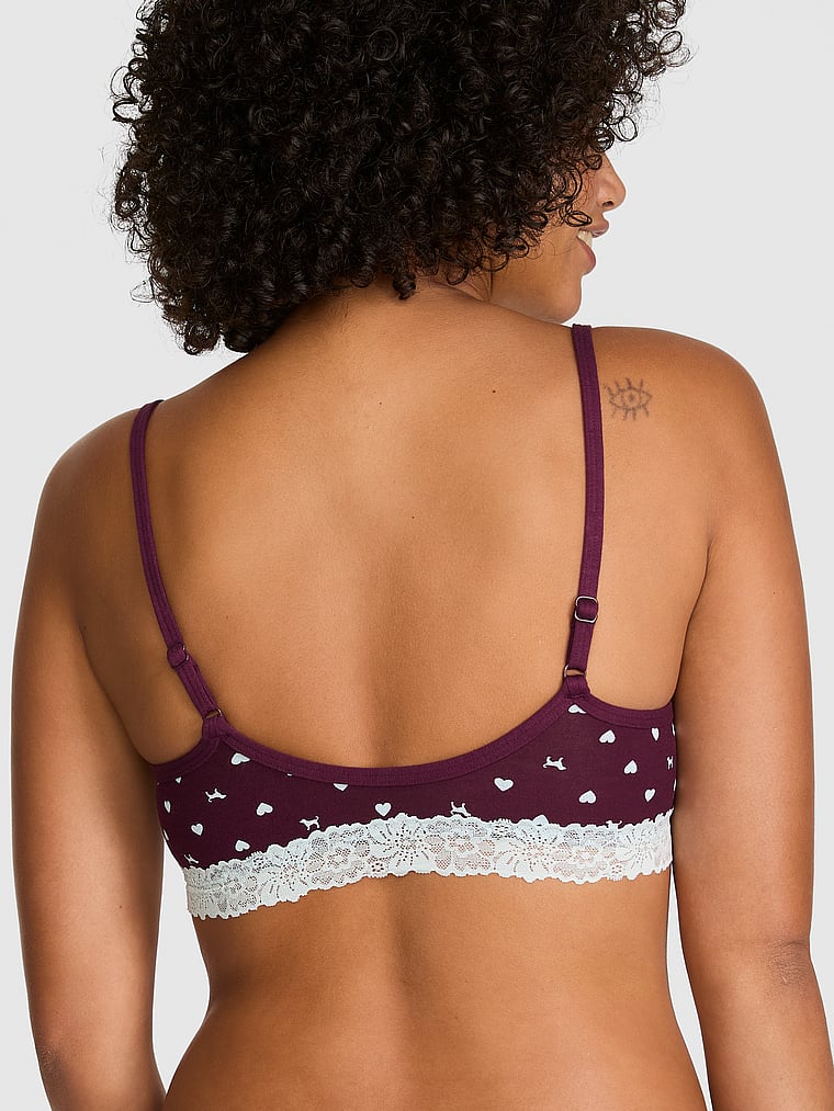 PINK Cotton Unlined Lace-Trim Scoop Bralette, Wild Rose Heart & Dog Print, onModelBack, 2 of 3