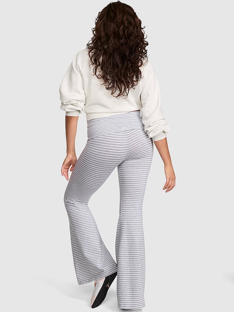 PINK Soft Modal Foldover Super Flare Leggings, Grey Stripes, onModelBack, 2 of 3