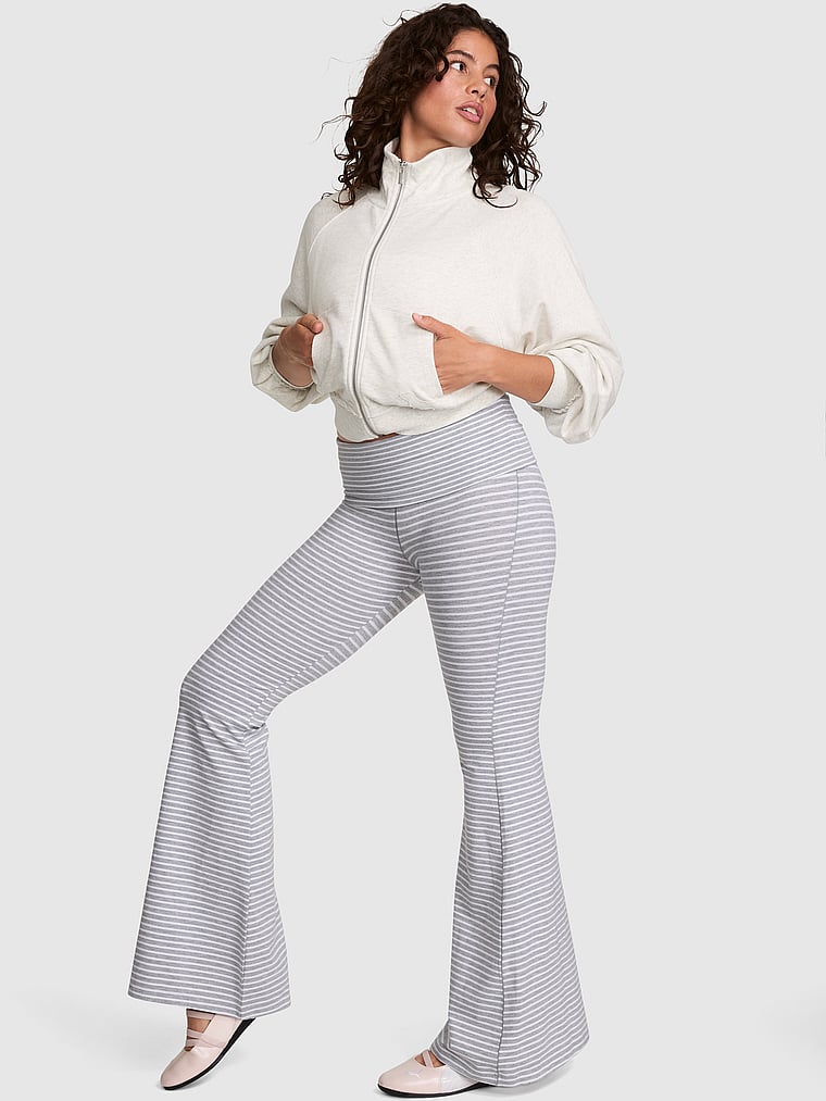 PINK Soft Modal Foldover Super Flare Leggings, Grey Stripes, onModelFront, 1 of 3