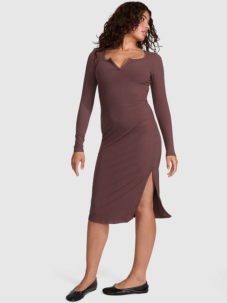 PINK All-Day Soft Rib Long-Sleeve Midi Dress, Coco Crush, onModelFront, 1 of 3