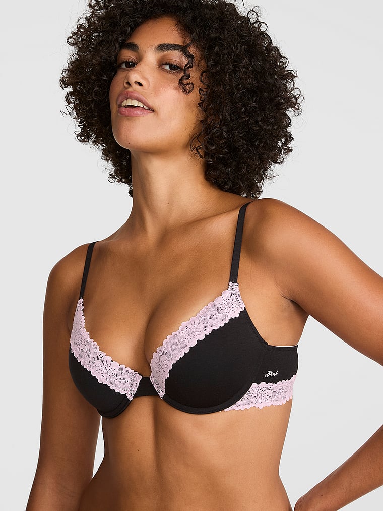 PINK Wear Everywhere™ Push-Up Bra, Black, onModelFront, 1 of 3 Vanessa is 5'10" or 178cm and wears 32B or Small